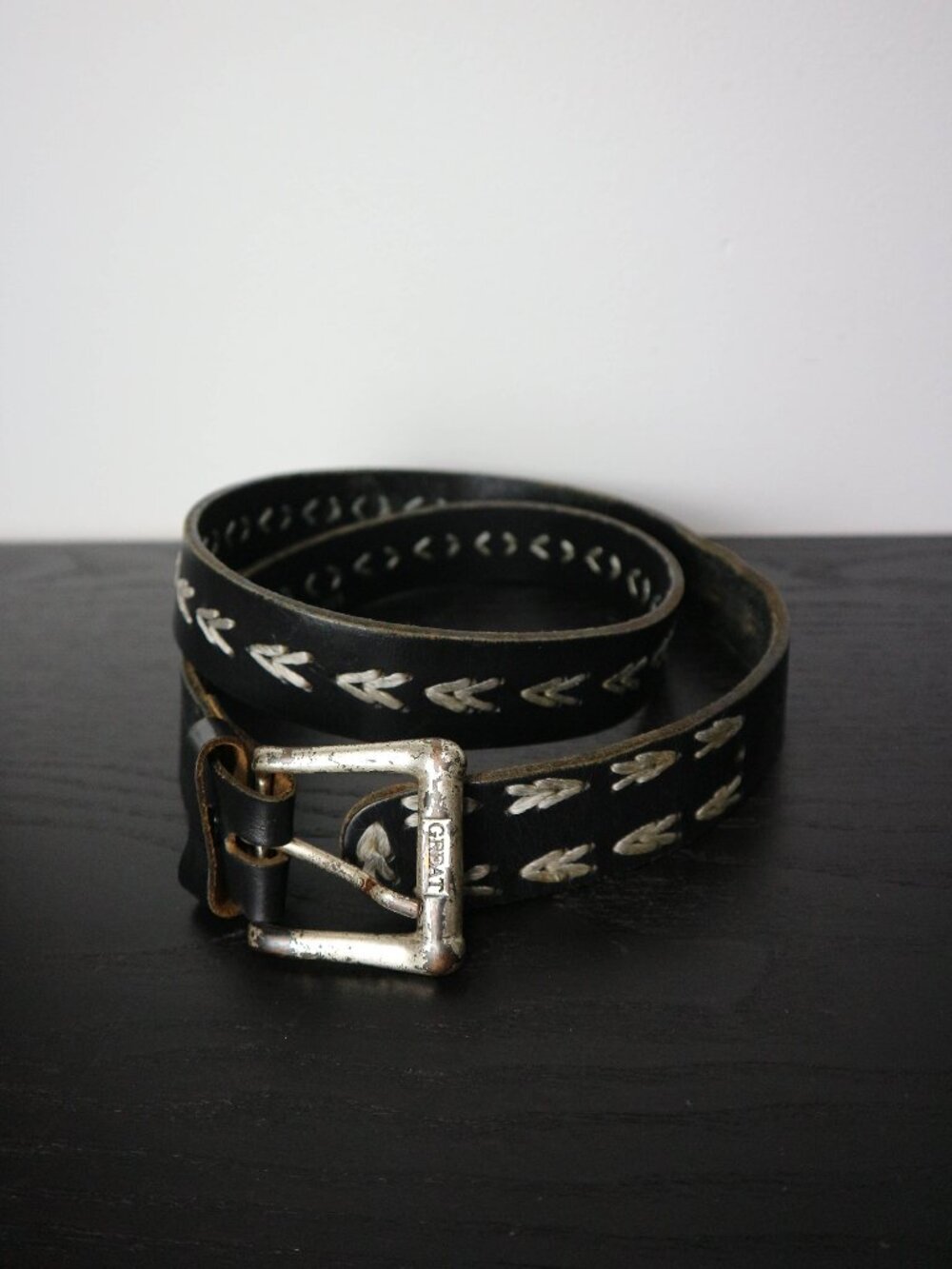 Vintage Embroidered Leather Belt Mens Thick Black Leather 41" Total Length